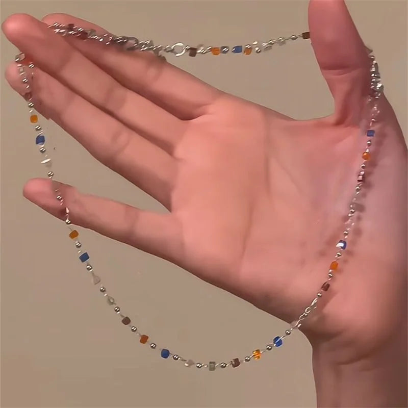 Colorful Square Acrylic Choker Necklace with Gold Bead Chain and Vintage Crystal for Women Party Jewelry