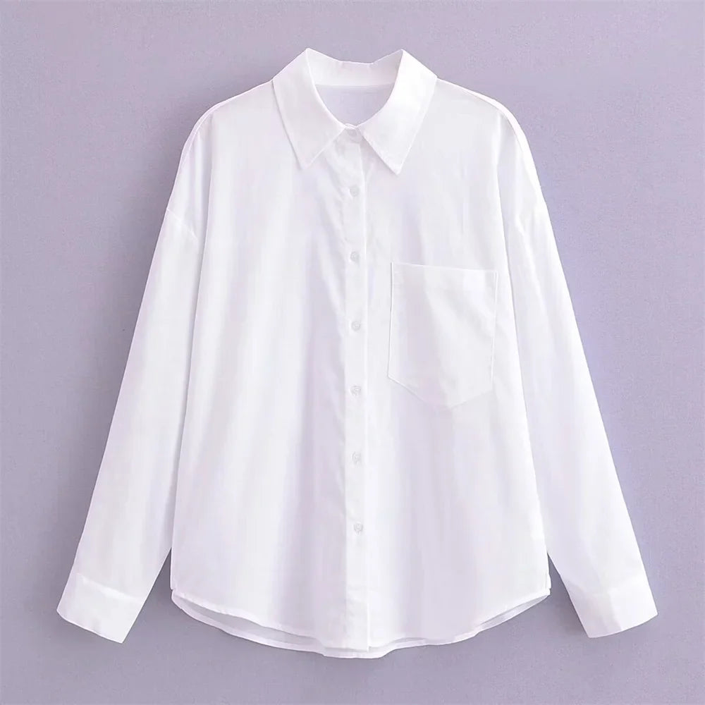 Women's White Pure Linen Long Sleeve Shirt with Pocket Detail Loose Fit Slimming Design
