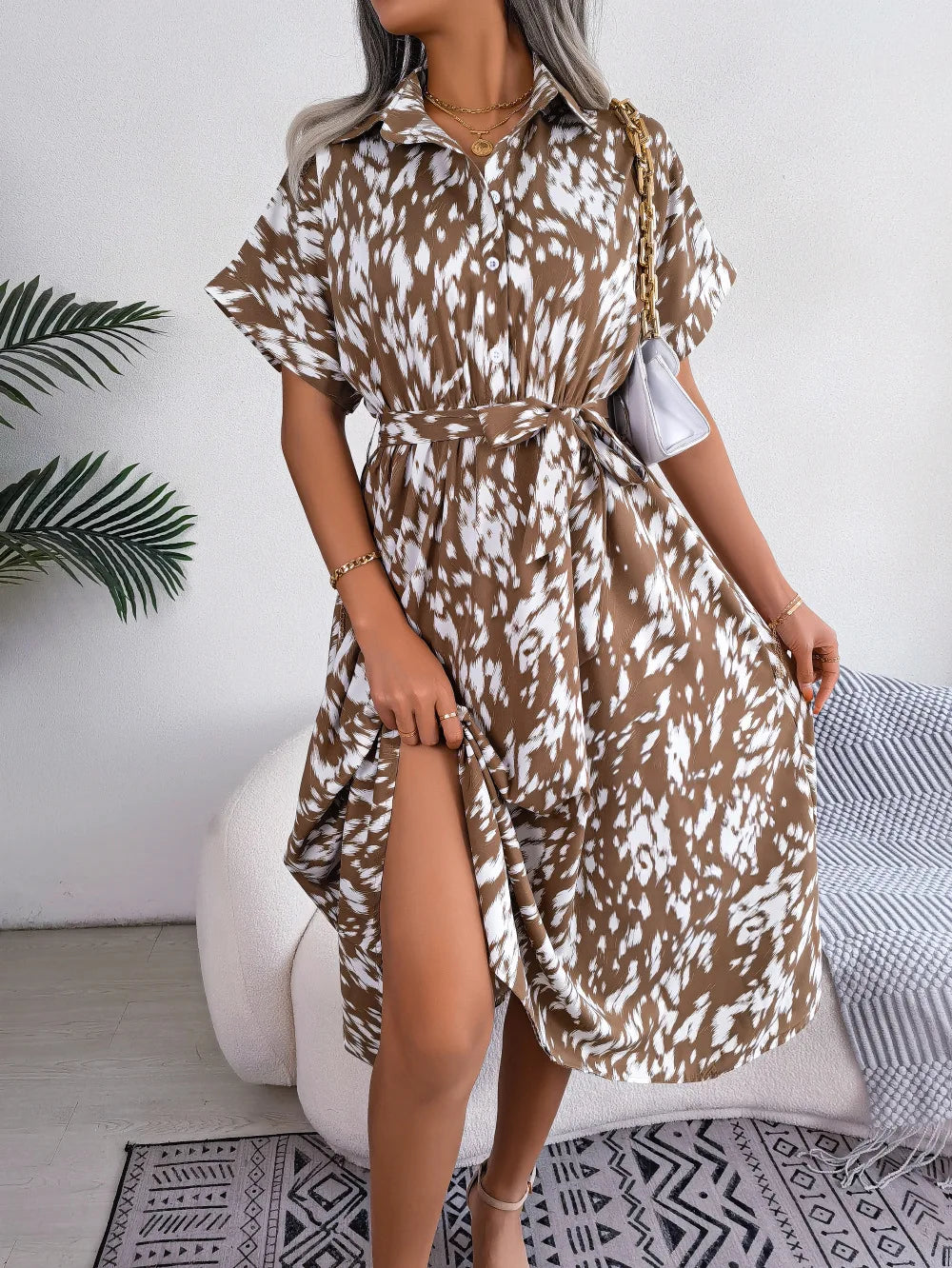 Leopard Print Shirt Dress Lace Up Casual Summer Style
