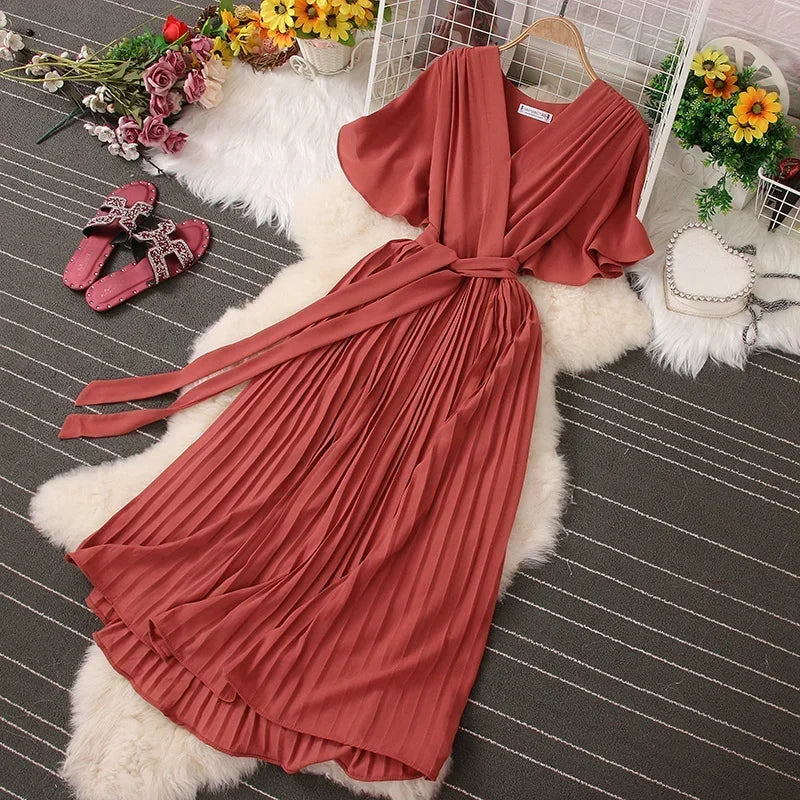 Chiffon Pleated Lace Up V Neck Dress For Women Summer