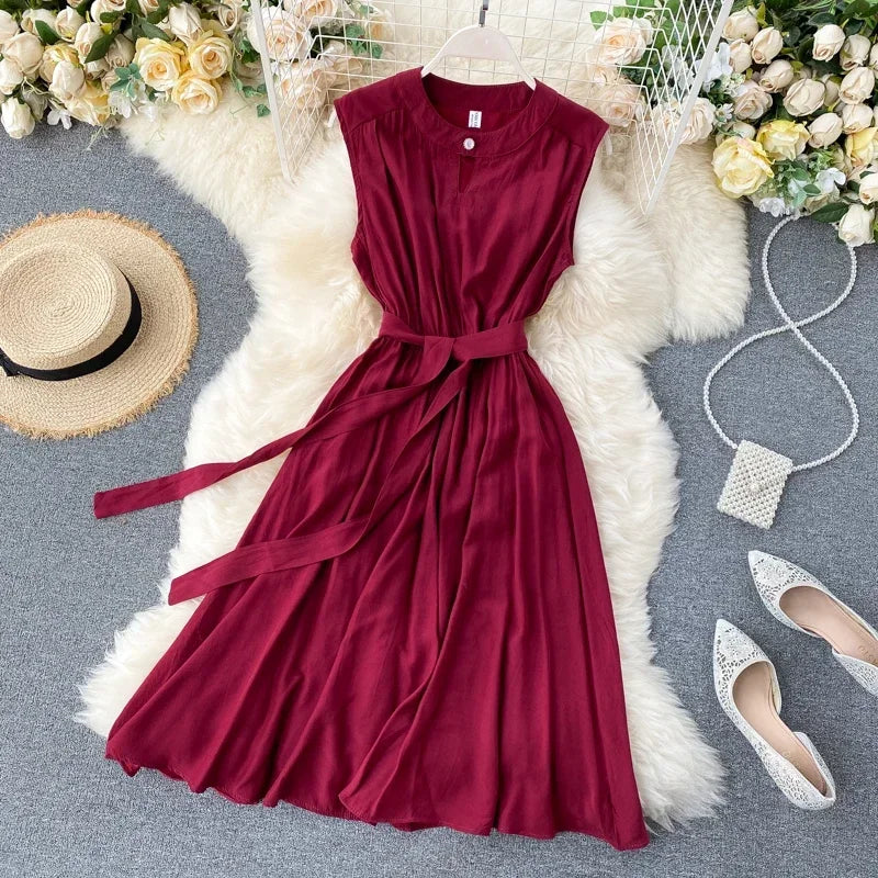 Sleeveless Summer Dress Solid Colors Green Blue Yellow Casual