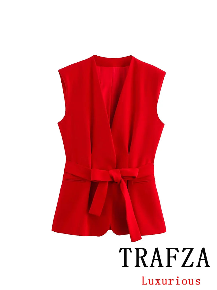 Red Vest Blazer Set For Office Lady With Wide Leg Pants