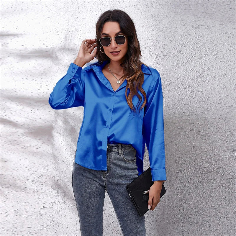 Women's Loose Satin Blouse Button Up Shirt Long Sleeve Imitation Silk Spring Top