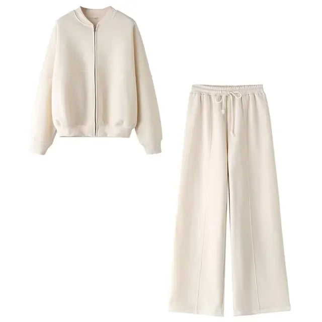 Autumn Women's Thick Hoodie Coat with Drawstring High Waist Loose Casual Pants Set Soft Fleece Lined Streetwear