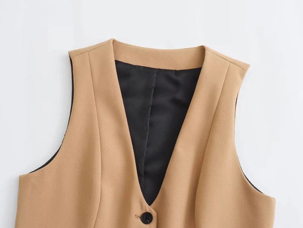 Casual Solid Color V Neck Sleeveless Single Breasted Vest With Elegant Mid Waist Wide Leg Pants Set