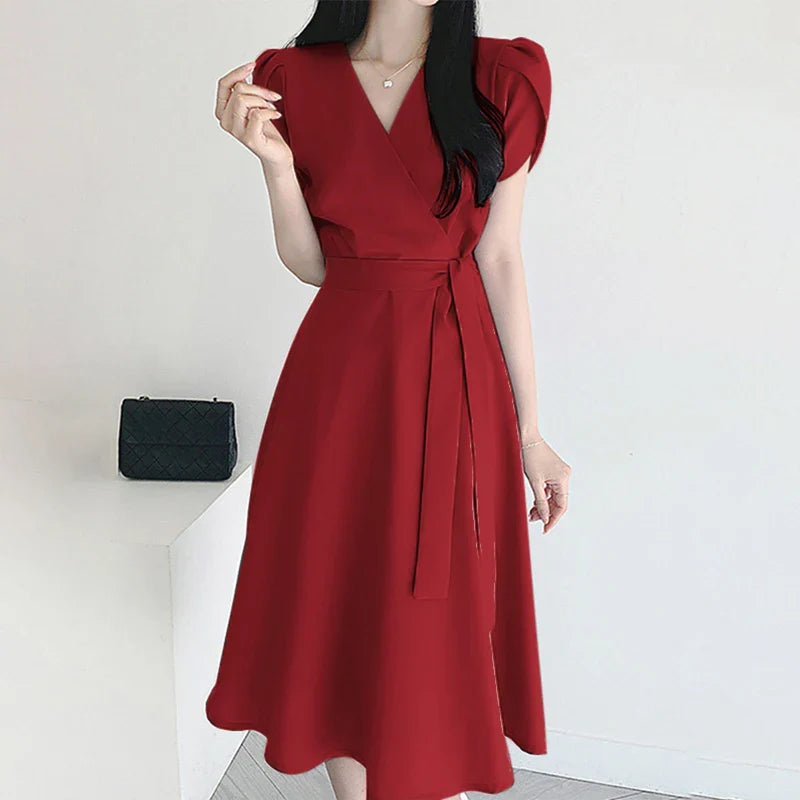 V Neck Midi Dress For Women Solid Cap Sleeve A Line