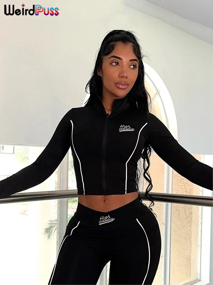 Casual 2 Piece Tracksuit Set with Zip Crop Jacket and Leggings for Sporty Streetwear