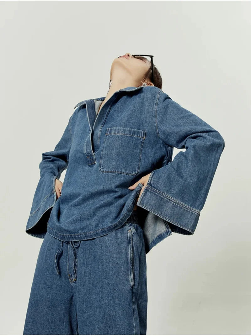 Casual Open Collar Pocket Denim Top and Loose Wide Leg Drawstring Waist Denim Pants Two Piece Set for Women