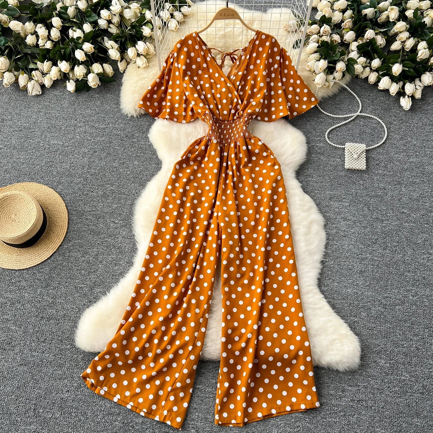 Polka Dot Romper Jumpsuit Women V Neck High Waist Wide Leg