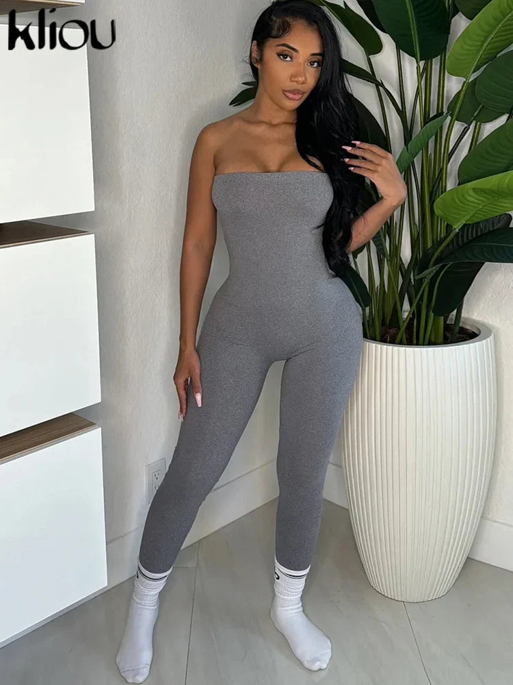 Strapless Casual Women Jumpsuit Slim Sleeveless Elastic Waist Solid Color Overalls Chic Daily Activewear
