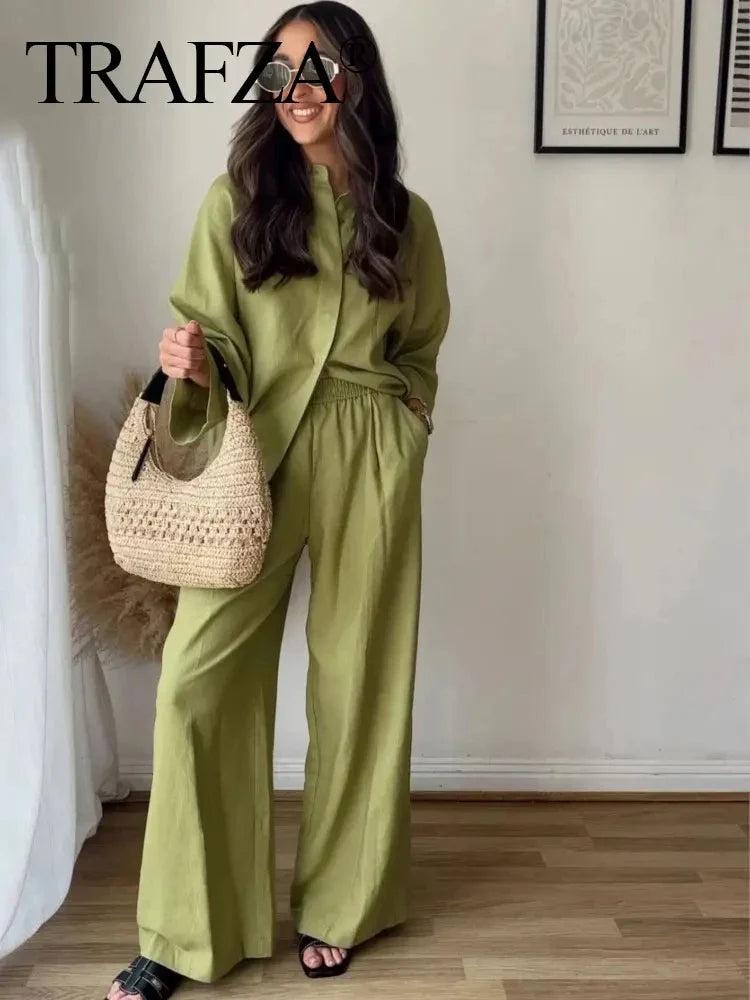 Casual Women's Solid Pant Set with Long Sleeve Blouse and Elastic Waist Trousers Fashion Streetwear Outfit