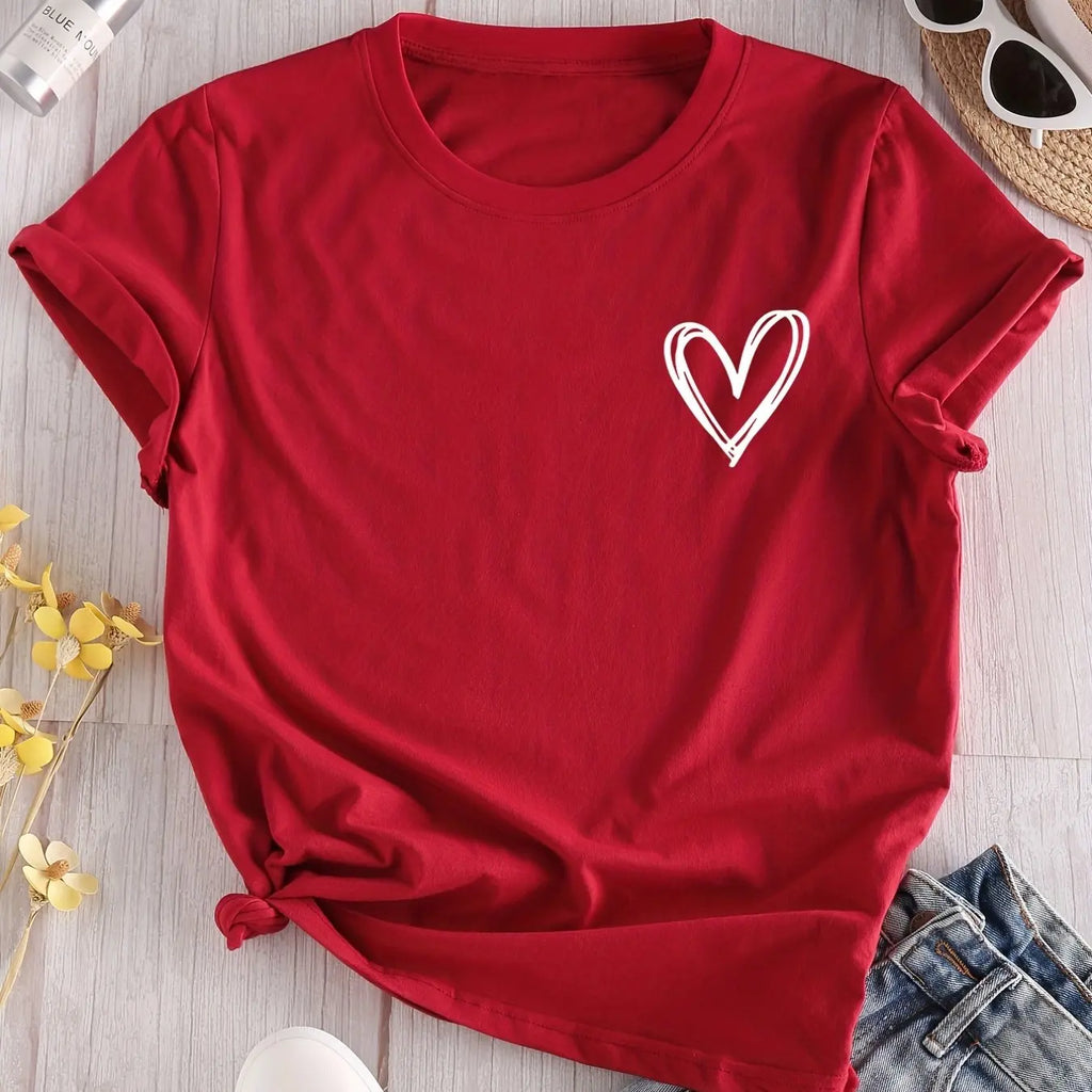 Heart Print Casual T-Shirt for Women, Crew Neck Short Sleeve Everyday Top