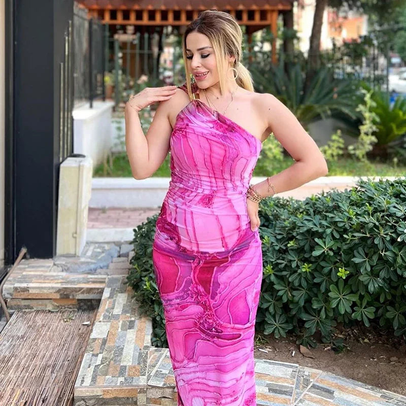 One Shoulder Backless Gradient Print Dress For Party