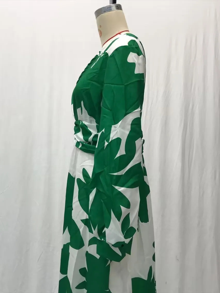 Printed Womens V Neck Lantern Sleeve Long Evening Dress