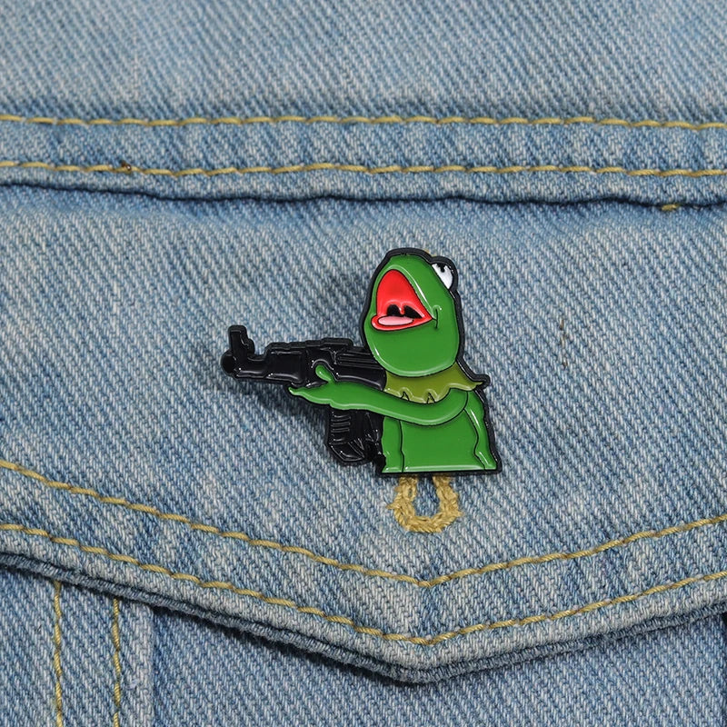 Frog And Gun Enamel Pin Cute Animal Brooch Custom Design Lapel Badge Jewelry Gift for Friends