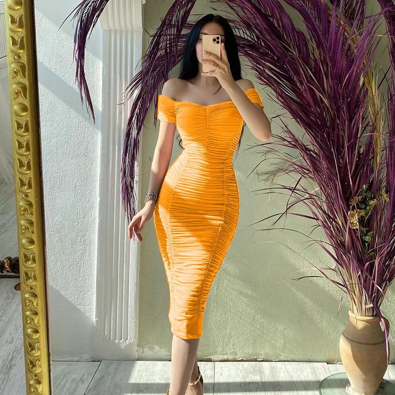 One Shoulder Pleated Dress in Solid Color for Summer