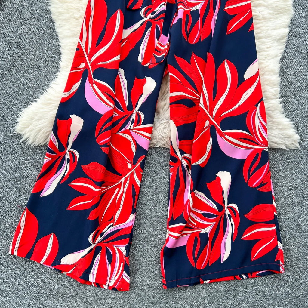 Women's Summer V-Neck Short Sleeve Lace-Up Waist Slim Fit Wide-Leg Printed Jumpsuit with Loose Straight Leg Design