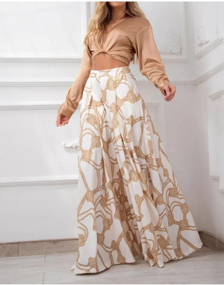 Printed Casual Suit with Lace-Up Shirt and High Waist Wide Leg Pants Set for Women
