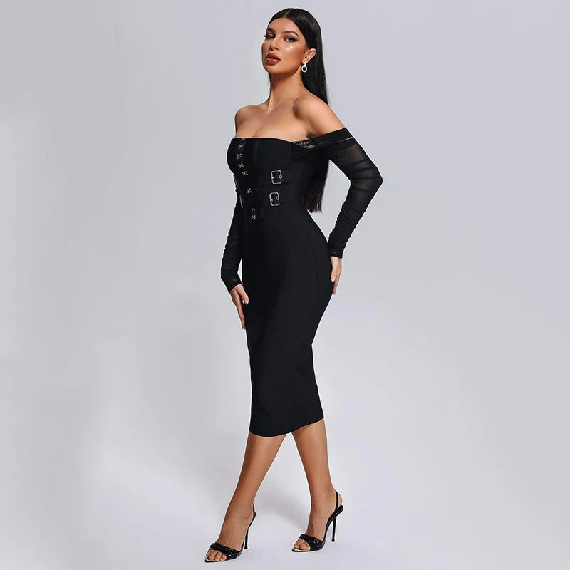 Off Shoulder Bandage Dress Women Lace Mesh Belt Midi Party