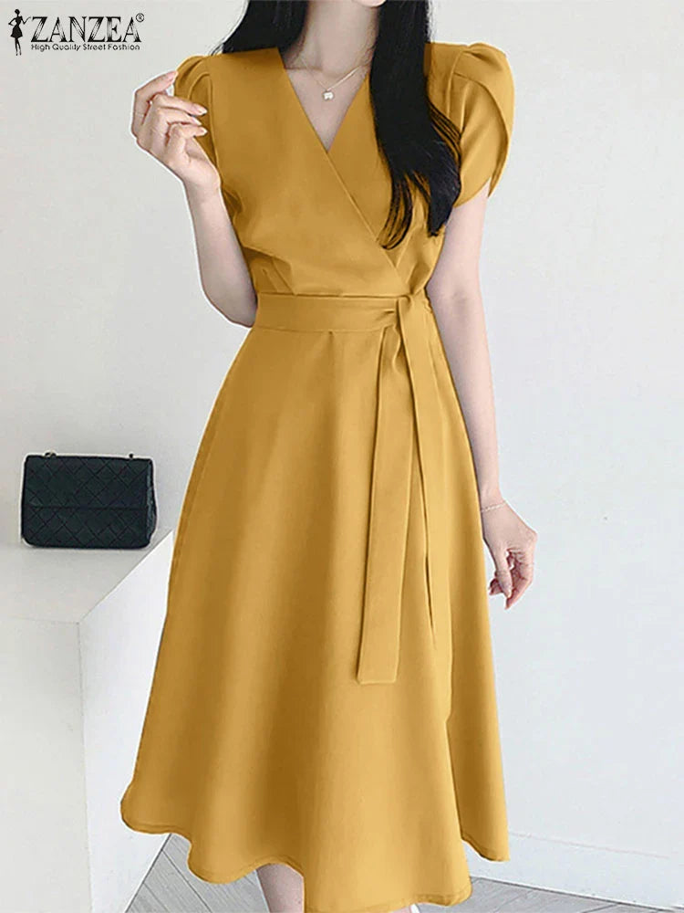 V Neck Midi Dress For Women Solid Cap Sleeve A Line