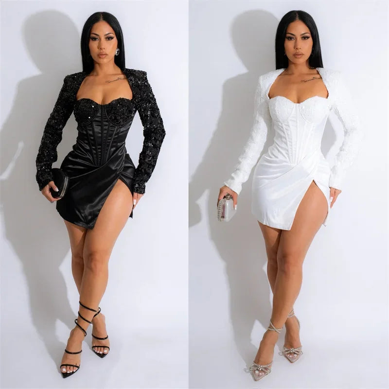 Black White Glitter Sequin Party Dress With Corset And Slit