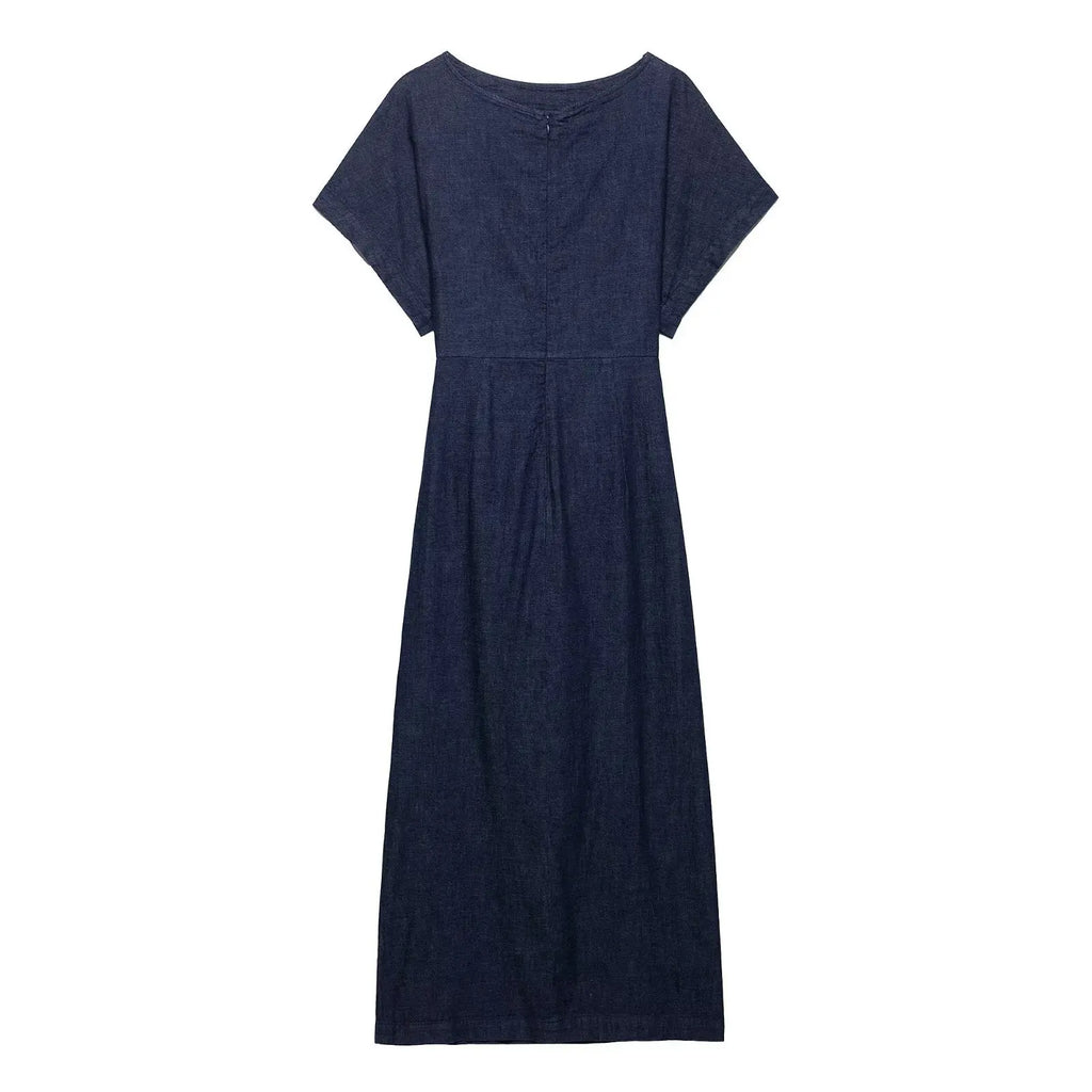 Pleated Slit Dress Round Neck Short Sleeves High Waist Chic