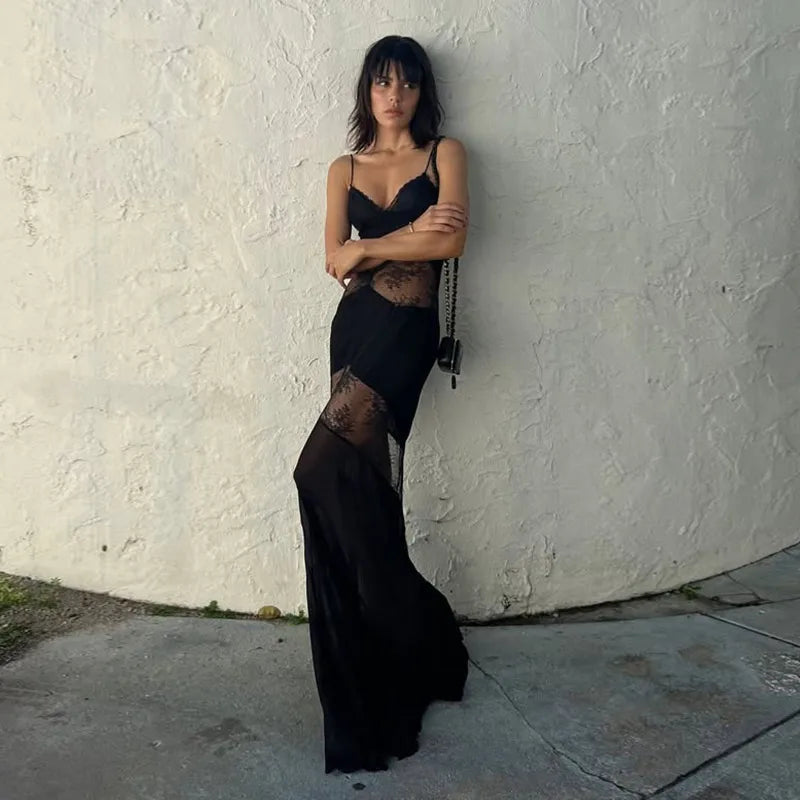 Black Backless Lace Maxi Dress For Women See Through