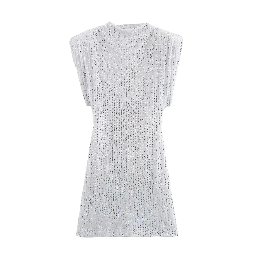 Sequined Mini Dress With Shoulder Pads O Neck Sleeveless