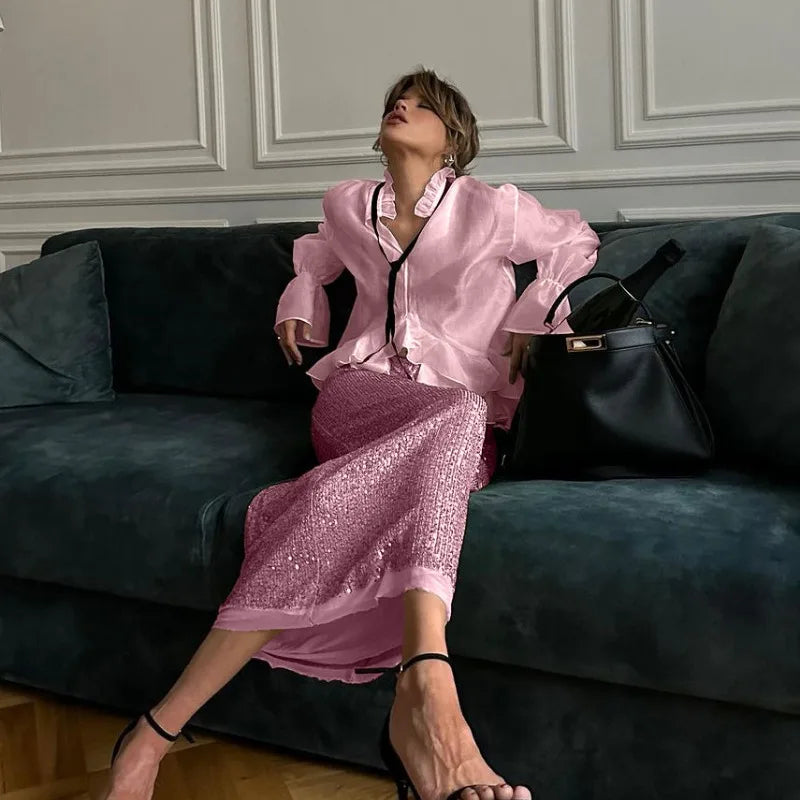 Sexy Loose White Women's Shirt With Ruffles Long Sleeve Sheer Elegant Blouse Stylish Transparent Top