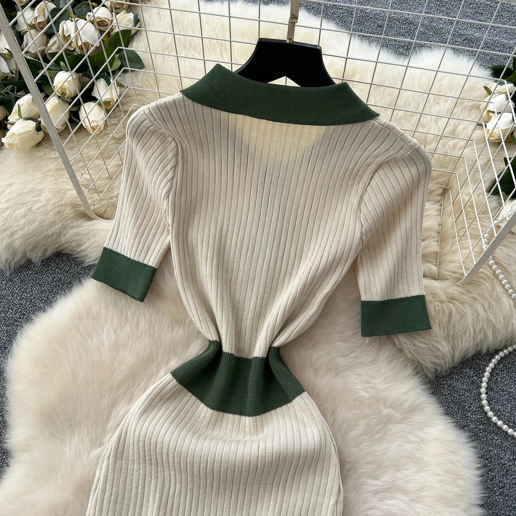 Patchwork Knitted Polo Collar Dress For Women Spring Summer