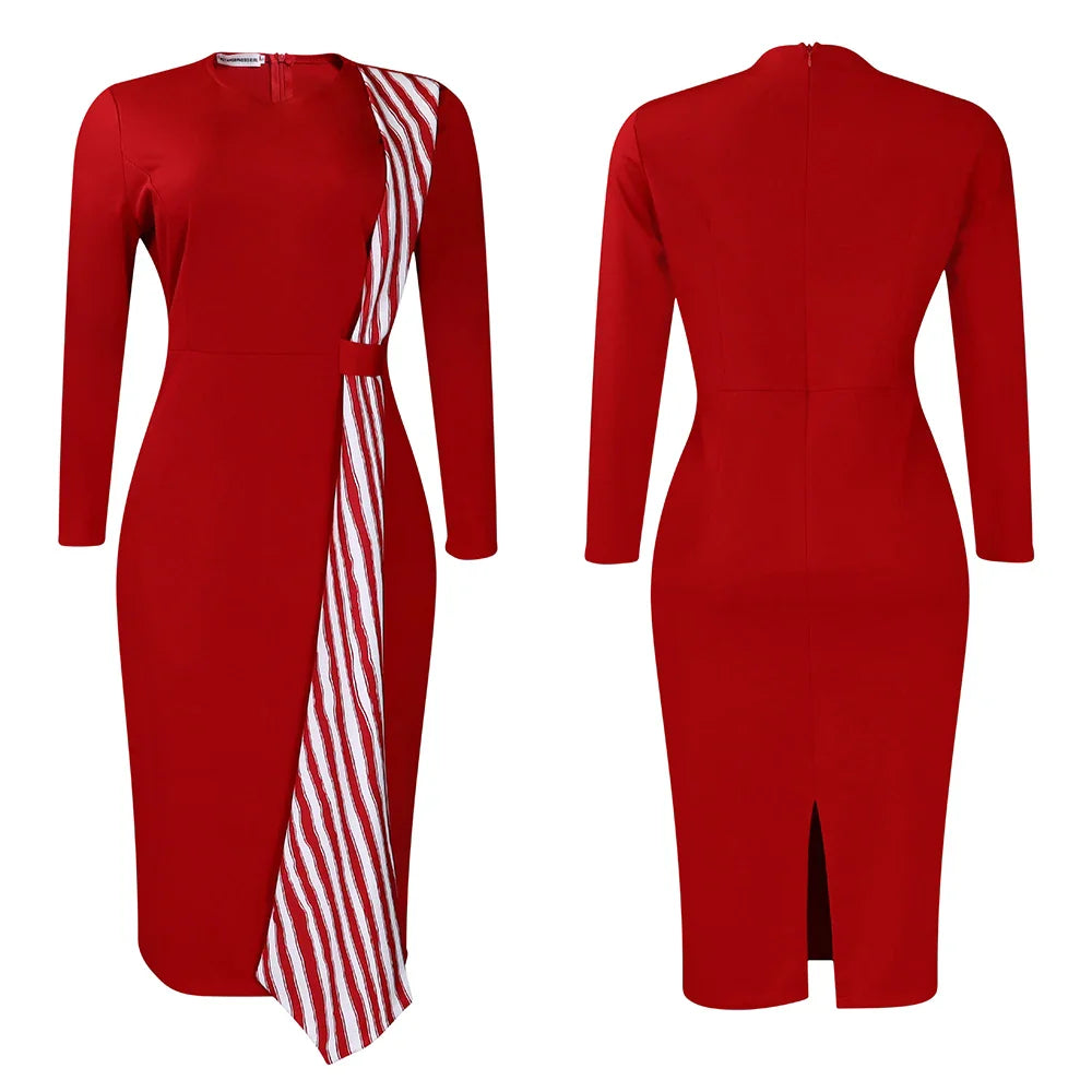 Office Dress For Women Professional O Neck Striped Sheath