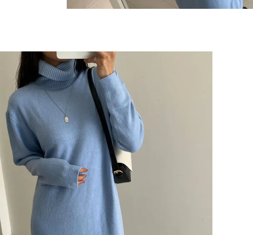 Cozy Turtleneck Sweater Dress For Women Knitted Long Sleeve