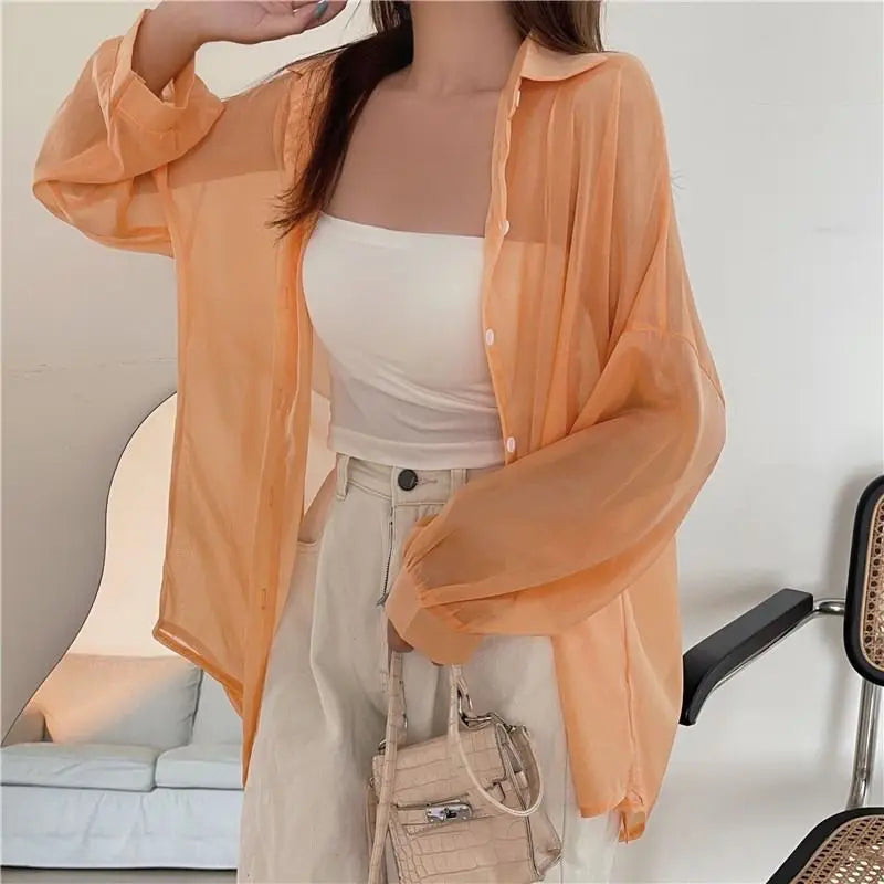 Women's Lightweight Sheer Chiffon Sunscreen Blouse Loose Fit Breathable Summer Shirt All Match Sun Protection Top