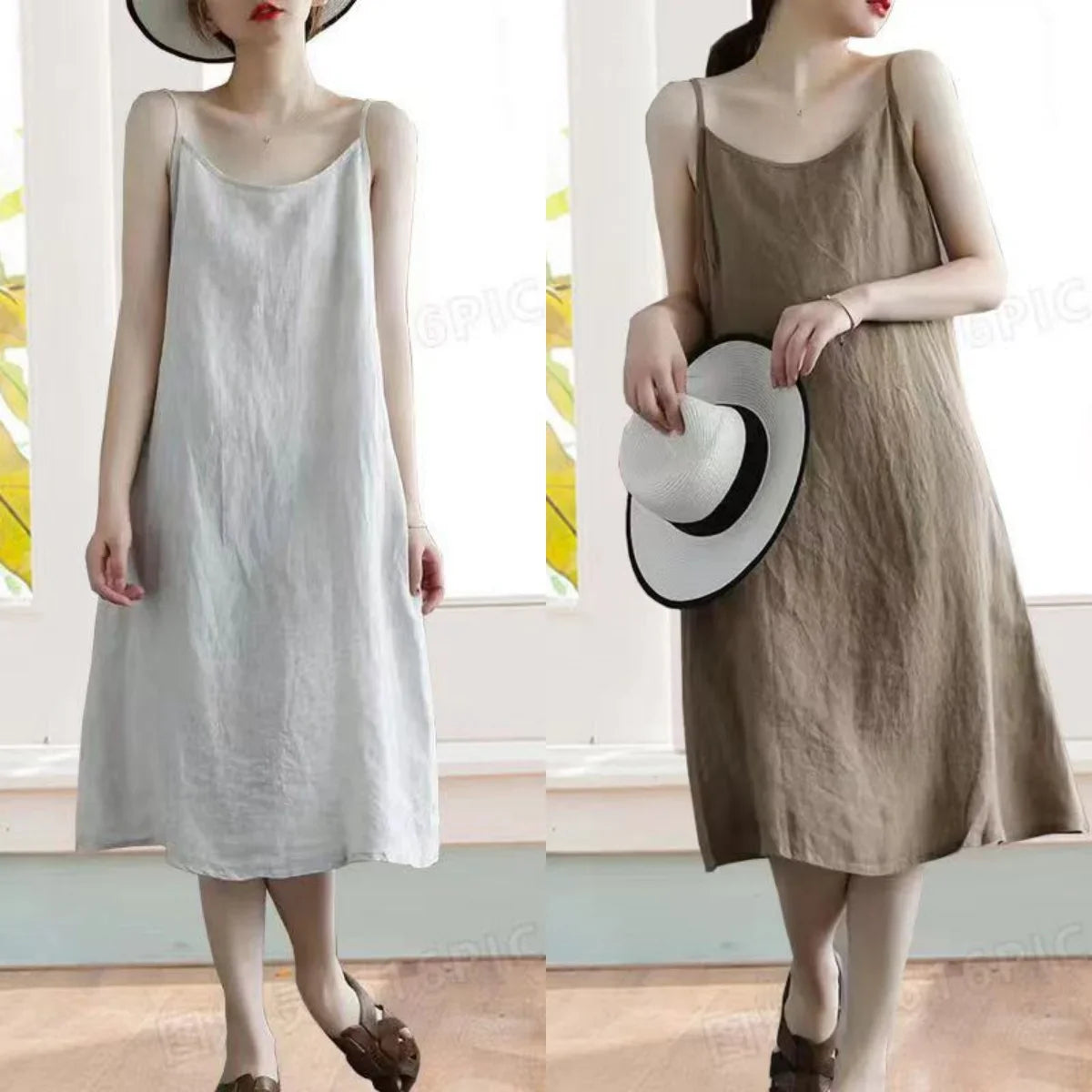 Cotton Linen Beach Dress Women Sleeveless A Line Summer