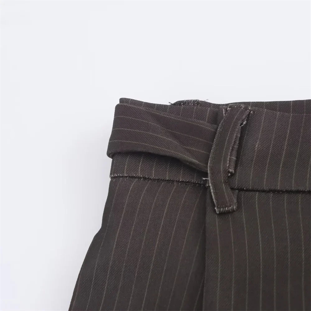 Autumn Women's Fashion Striped Loose Suit Coat with Buckle Decoration and High Waist Striped Pants Set