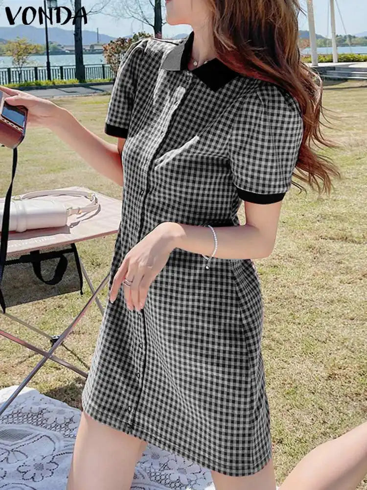 Boho Plaid Mini Dress Puff Sleeve A Line Sundress Style