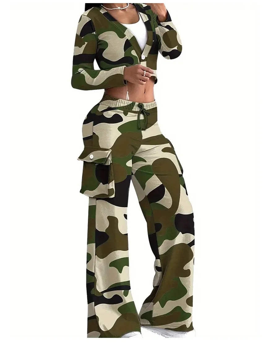 Camo Print Cargo Pants Set with Sexy Crop Top and High Waist Wide Leg Trousers for Women