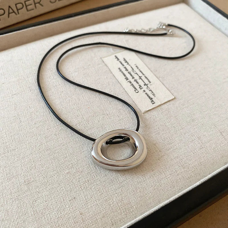 Punk Large U-Shape Geometric Pendant Necklace for Men and Women Adjustable Leather Rope Sweater Chain Jewelry