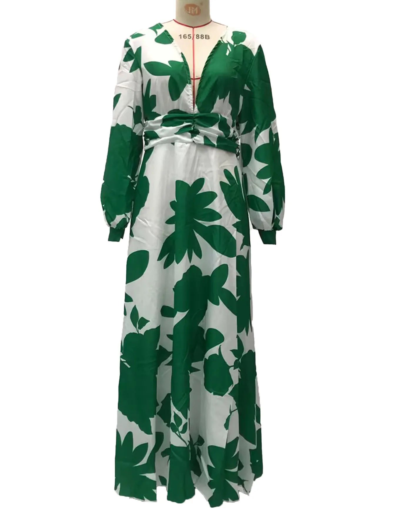 Printed Womens V Neck Lantern Sleeve Long Evening Dress