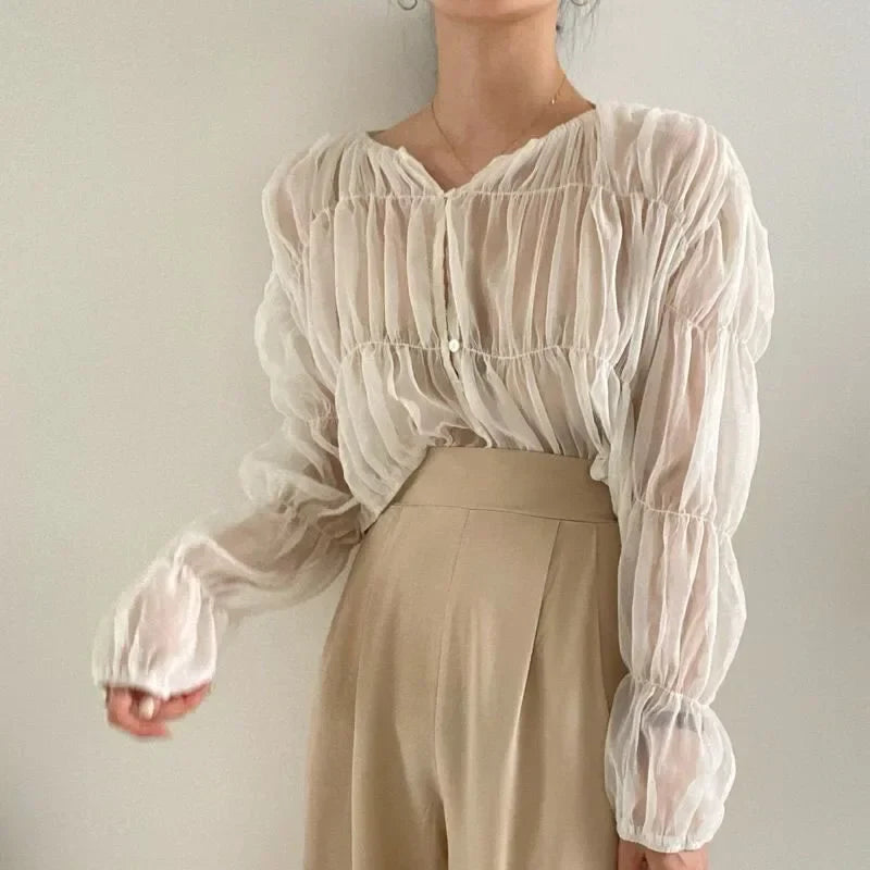 Loose Fit Chiffon Blouse for Women Pleated Sheer Long Sleeve Casual Summer Top with Elegant Folded Design