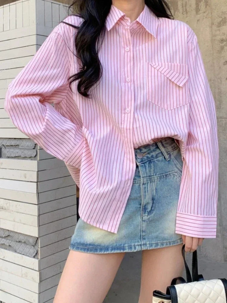 Loose Blue Striped Long Sleeve Blouse with Pocket Casual Versatile Shirt for Women