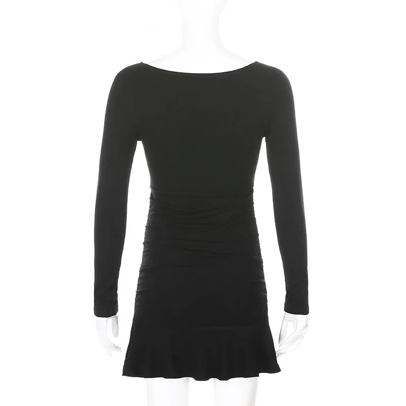 Womens V Neck Long Sleeve Slim Fit Dress With Ruffle Edge