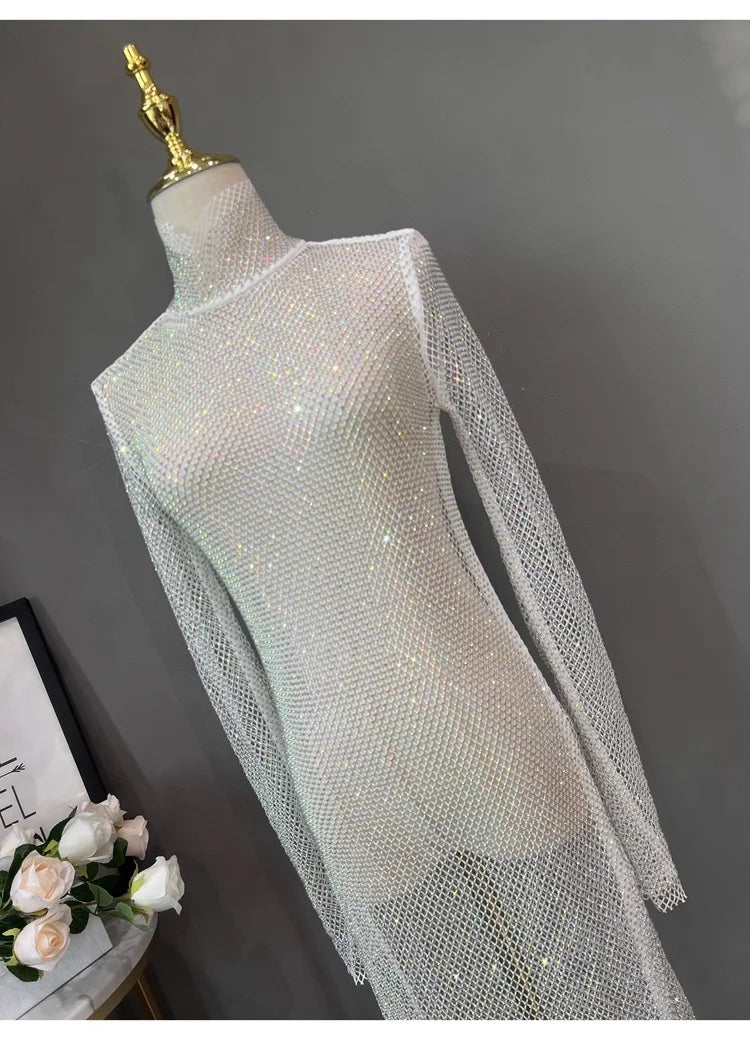 Rhinestone High Neck Glitter Party Dress Mid Length