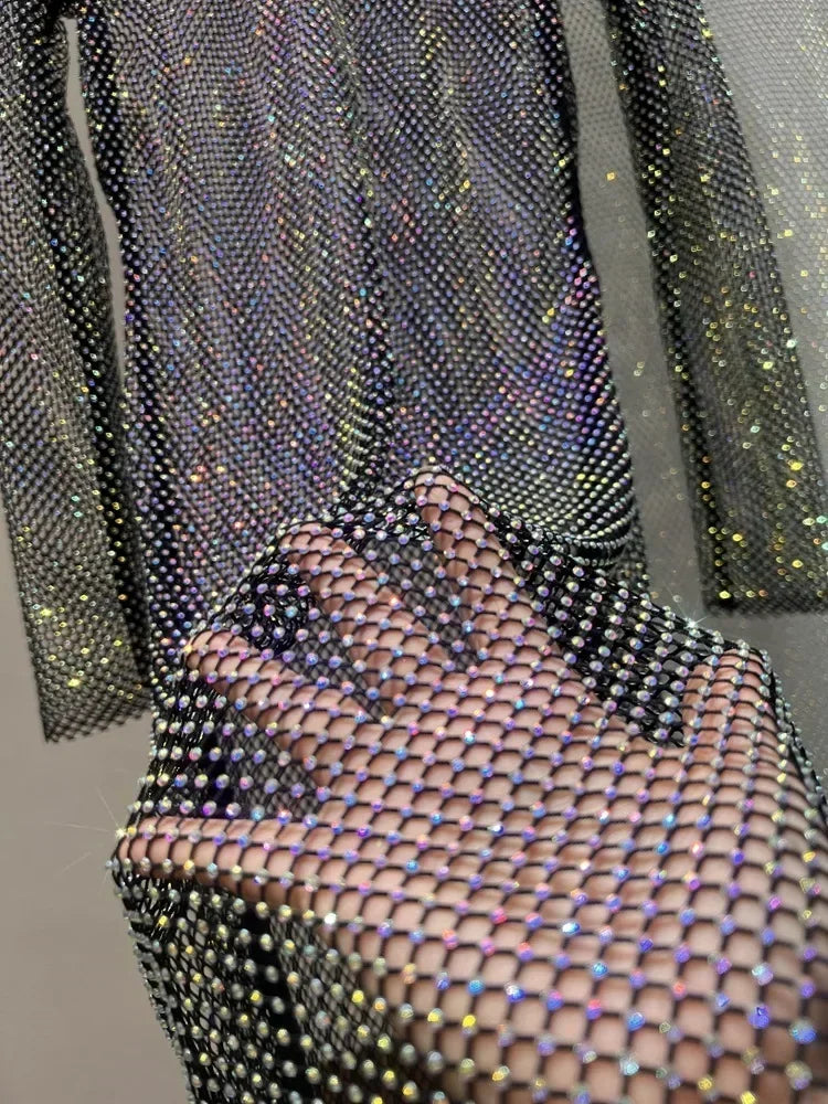 Colorful Sequin Diamond Dress Round Neck Midi Hollow