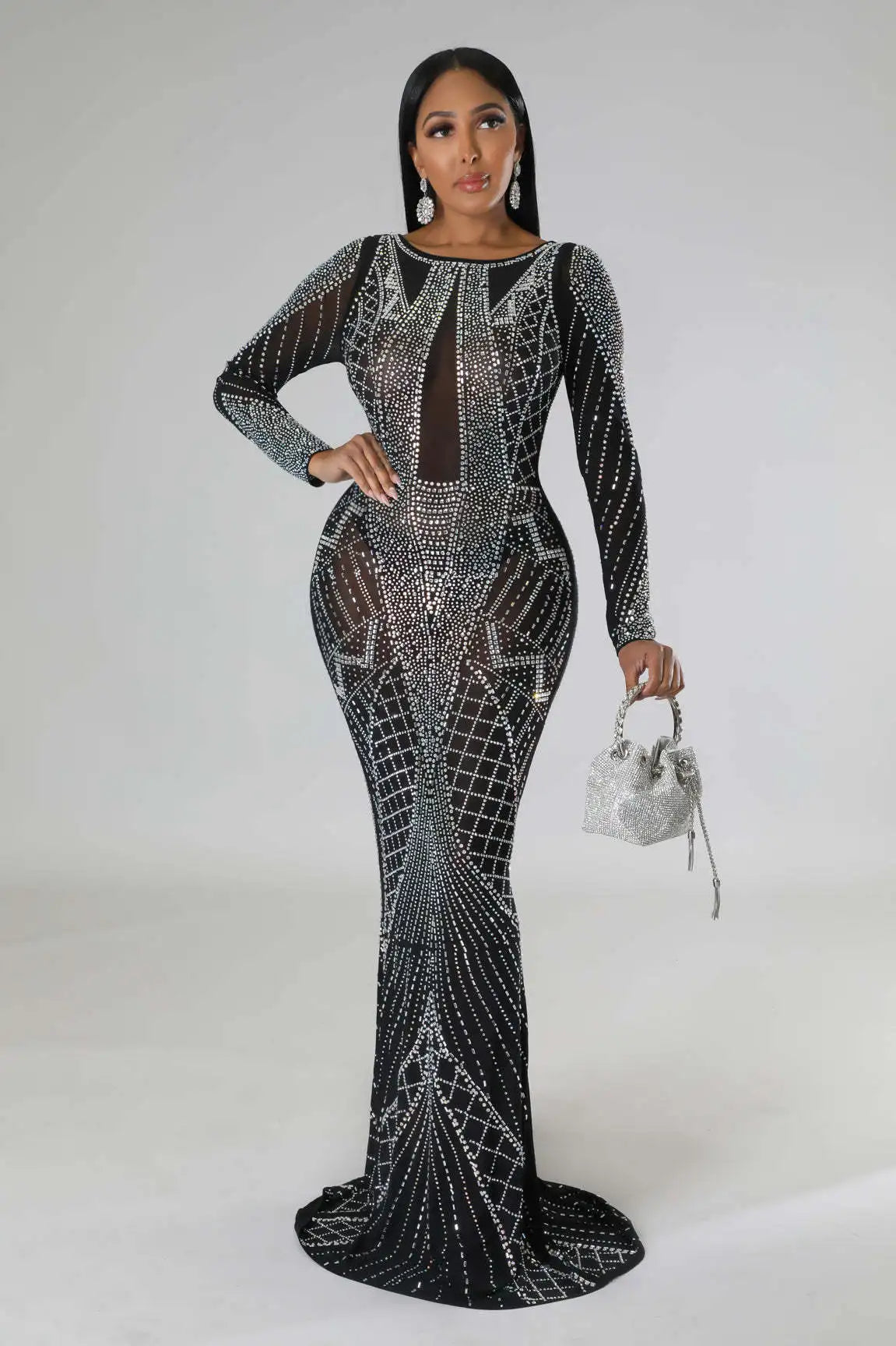Sexy Mesh Diamond Embellished Maxi Dress for Evening Party