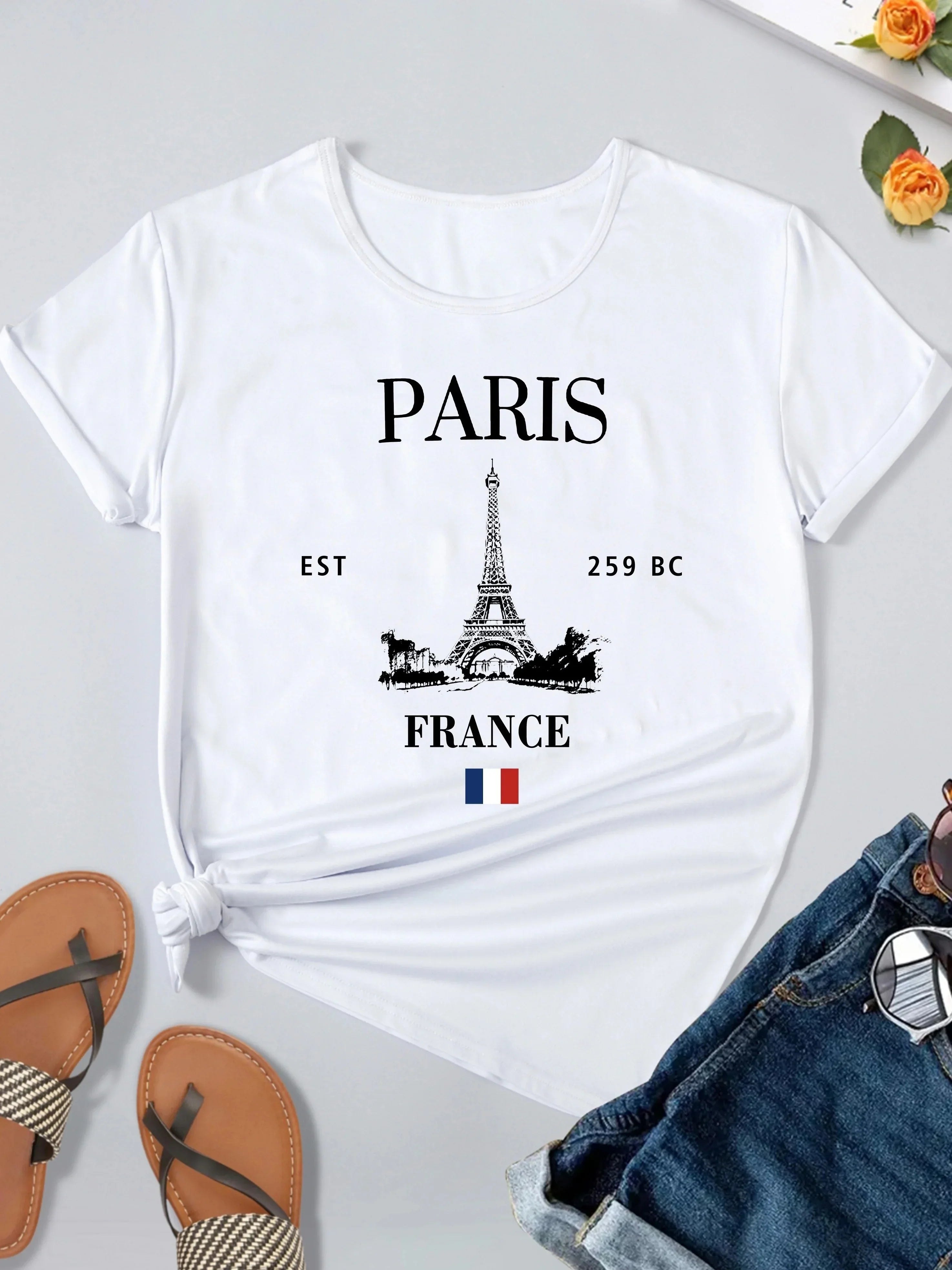 Paris Eiffel Tower Graphic T-Shirt Casual Crew Neck Short Sleeve Top for Women