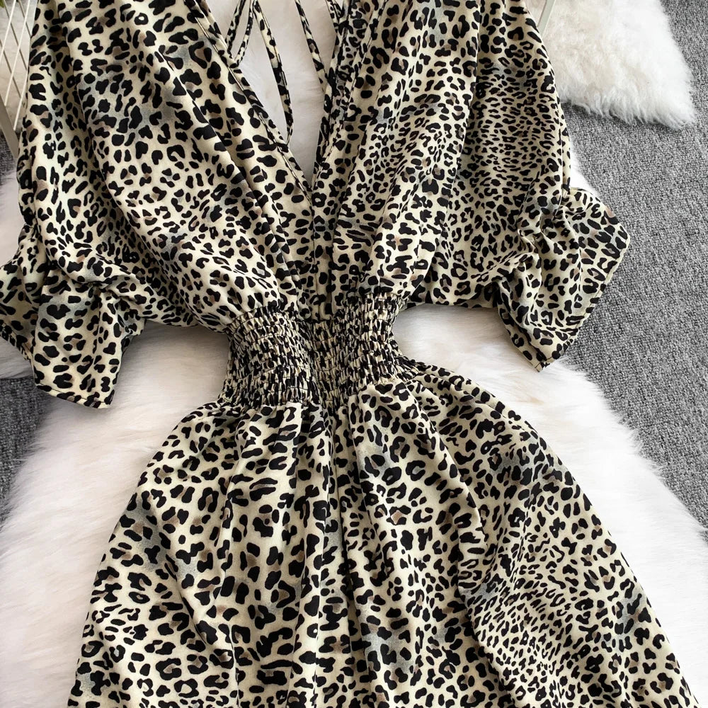 Women's Summer V-Neck Leopard Print Lace-Up Jumpsuit Short Sleeve Loose Fit Playsuit Overalls with Elegant Ruffle Detail