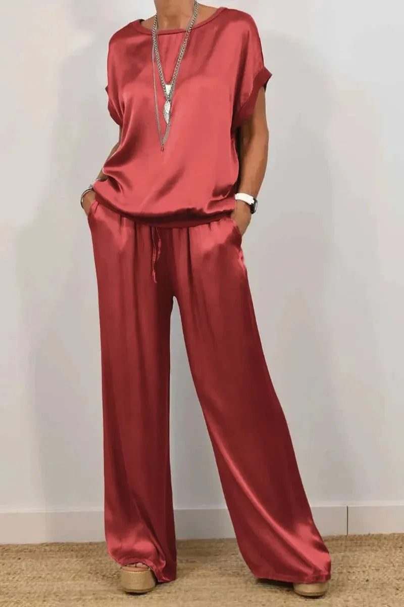 Smooth Satin Two Piece Set Women's Casual Outfit with O-neck Short Sleeve Top and Wide Leg Pant