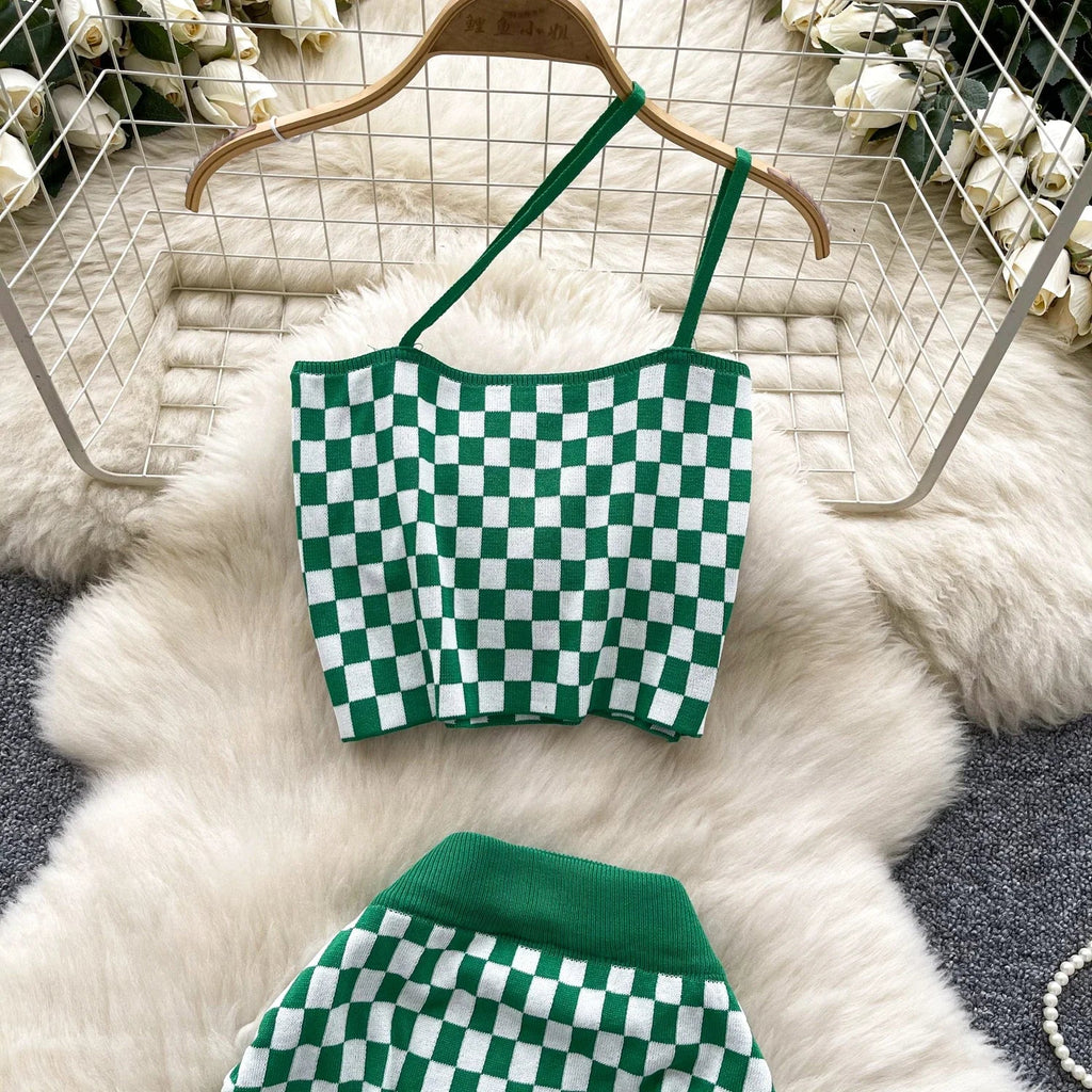 Women's Plaid Strapless Mini Top and High Waist Bodycon Skirt Set Casual Knitted Two-Piece Outfit