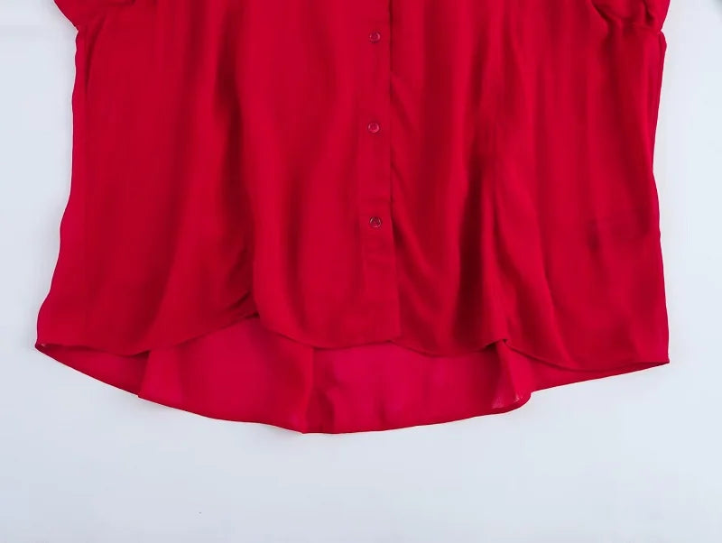 Red Bow Pleated Semi Sheer Womens Blouse Chic Button Up Shirt Elegant Spring Top for Women